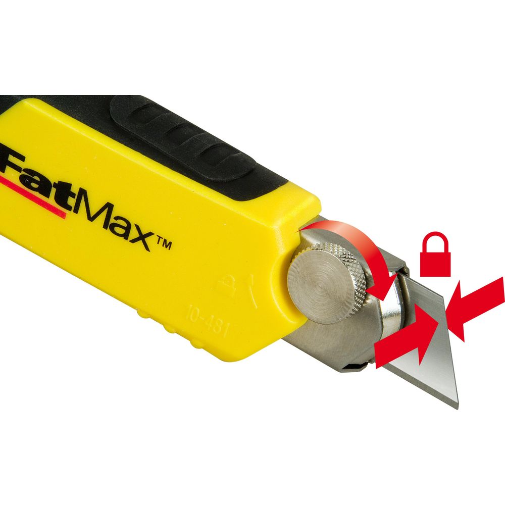 Gelber Stanley FatMax Cutter mit silbernem Verriegelungsmechanismus und ausgefahrener Klinge.