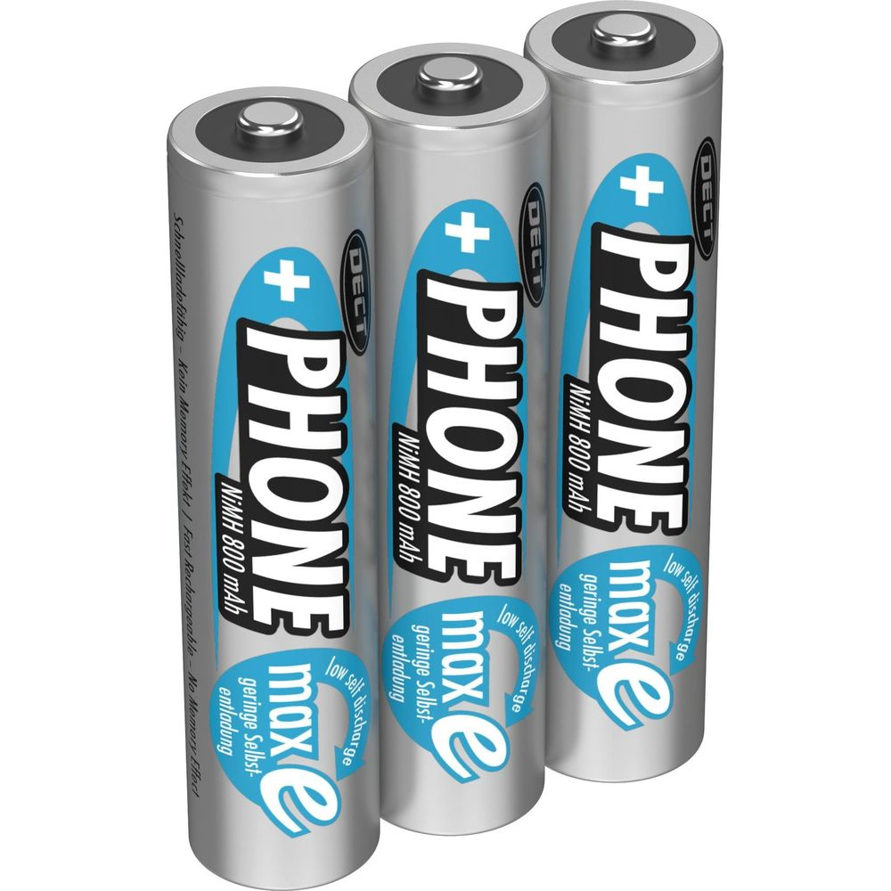 Drei silberne Akkus mit "PHONE max e" Aufschrift, NiMH 800 mAh.