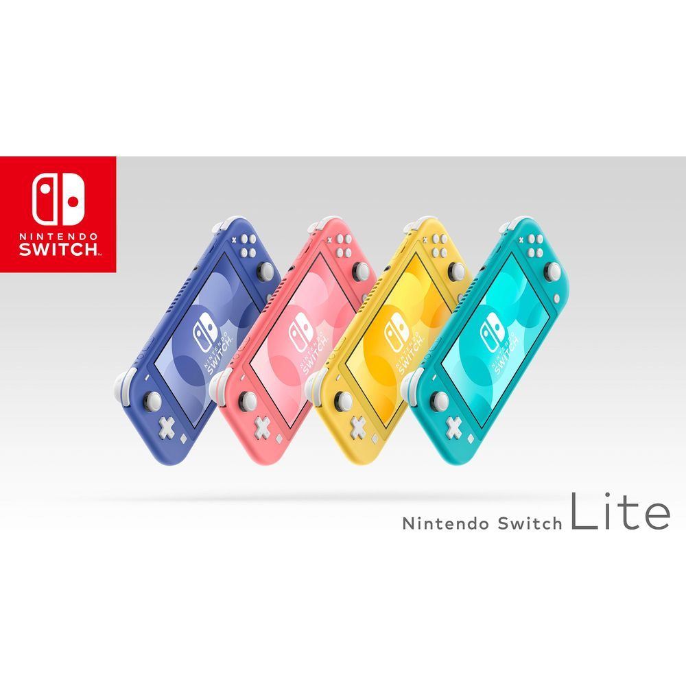 Cztery konsole Nintendo Switch Lite w kolorach niebieskim, różowym, żółtym i turkusowym.