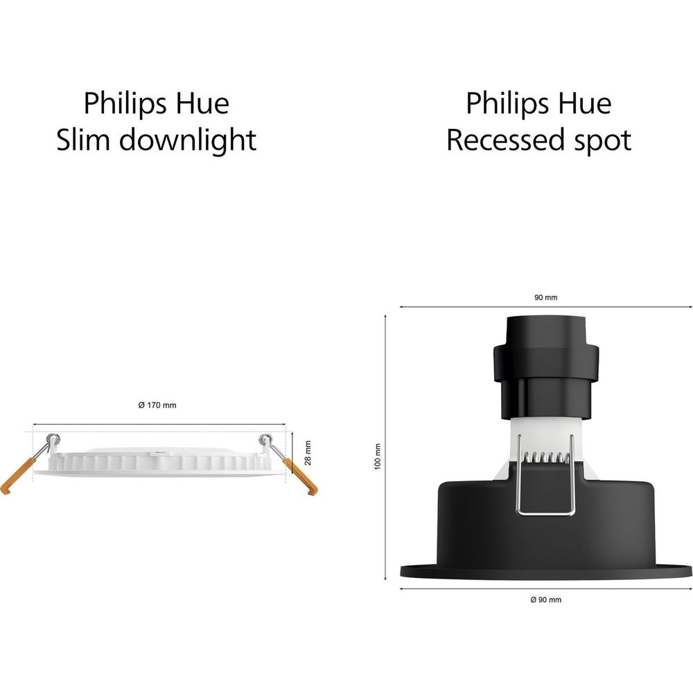 Philips Hue Slim Downlight (Ø170x28mm) und Recessed Spot (Ø90x100mm).