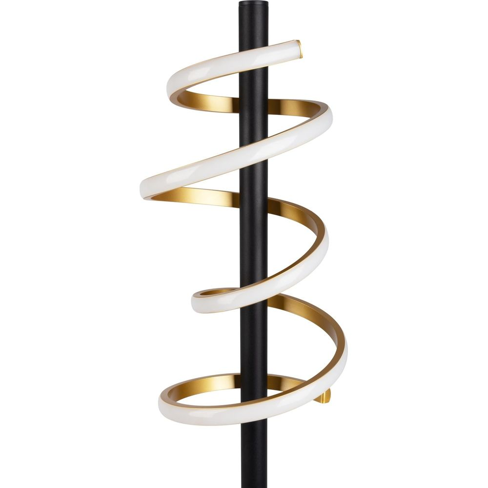 Eine schwarze Stange mit einer spiralförmigen weißen und goldenen Leuchte.