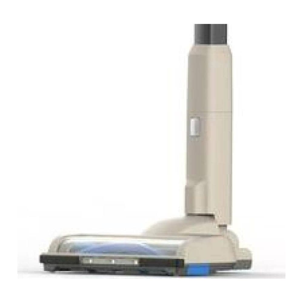 Testa di aspirapolvere beige con alloggiamento trasparente e spazzola blu.