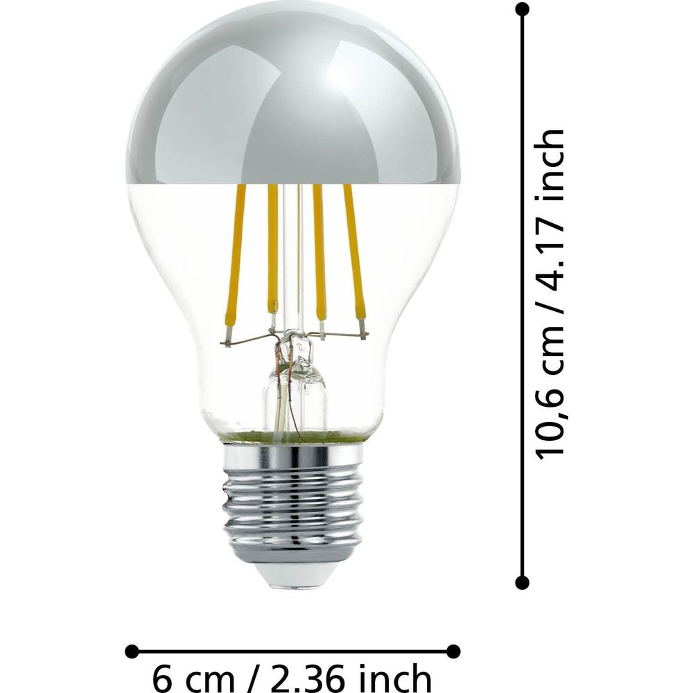 Une ampoule transparente avec un dessus argenté miroir et quatre filaments jaunes.
