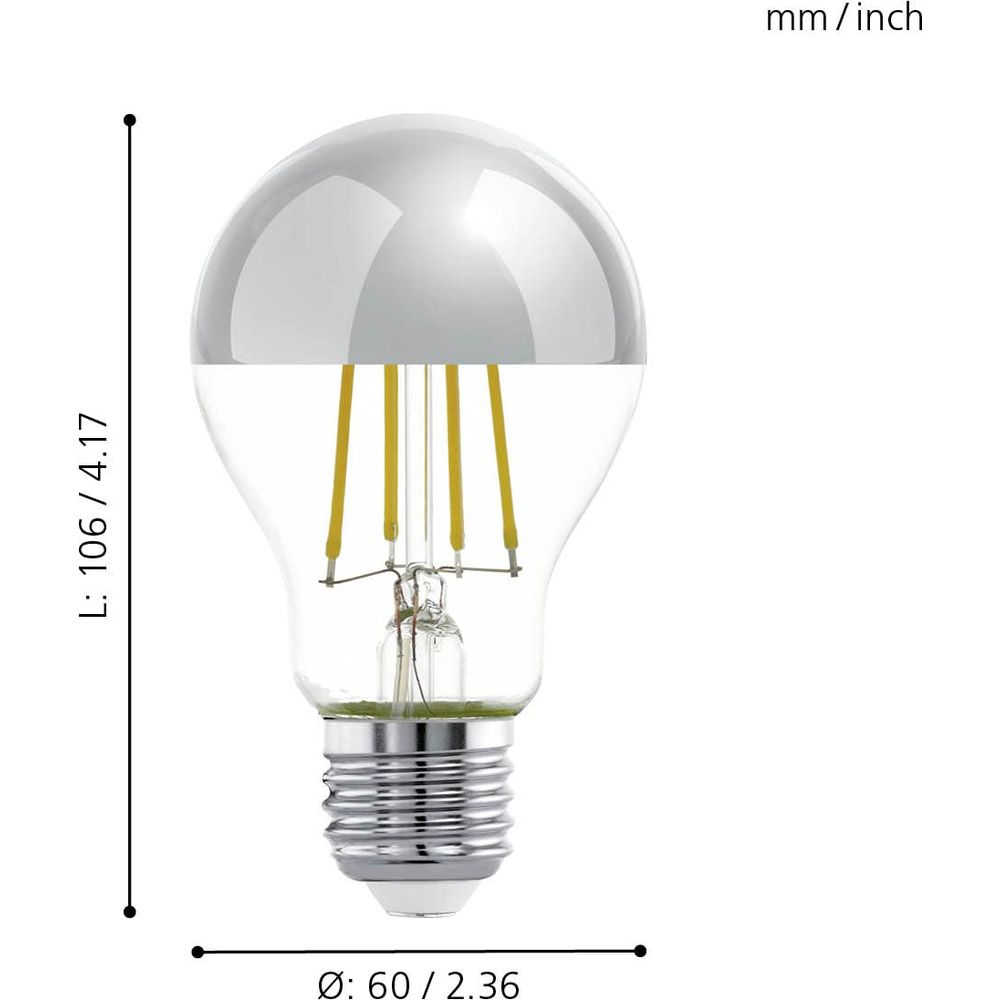 Ampoule LED argentée avec globe en verre transparent et filaments visibles.
