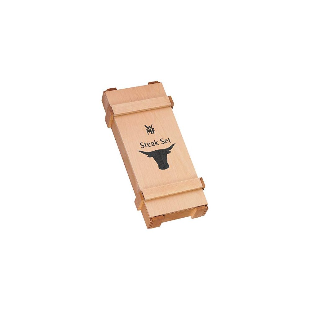 Holzkiste mit Stierkopf und "Steak Set" Aufschrift.