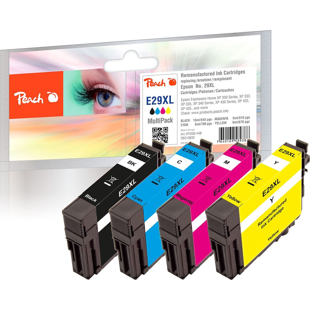 Vier Peach E29XL Tintenpatronen in Schwarz, Cyan, Magenta und Gelb.