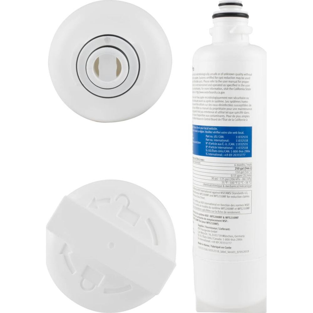 Ein weißer Wasserfilter und ein weißer Filteraufsatz.