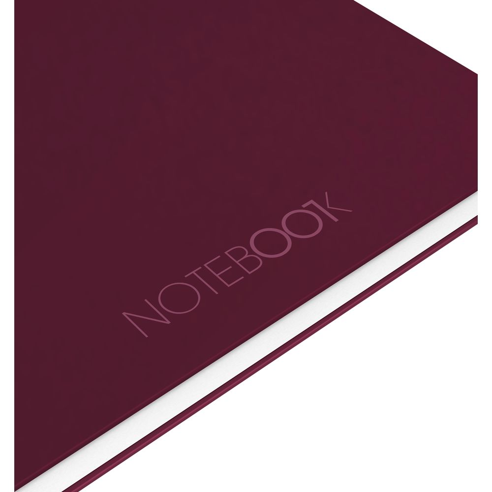 Bordowy notatnik z wytłoczonym napisem "NOTEBOOK".