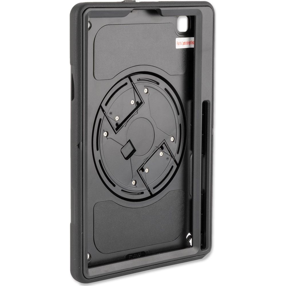 Rückseite einer schwarzen Tablet-Hülle mit drehbarem Halter.
