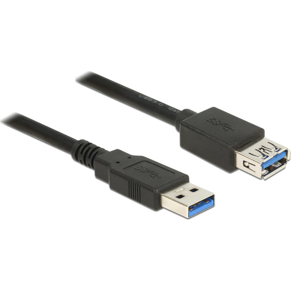 Un câble USB 3.0 noir avec deux connecteurs sur fond blanc.