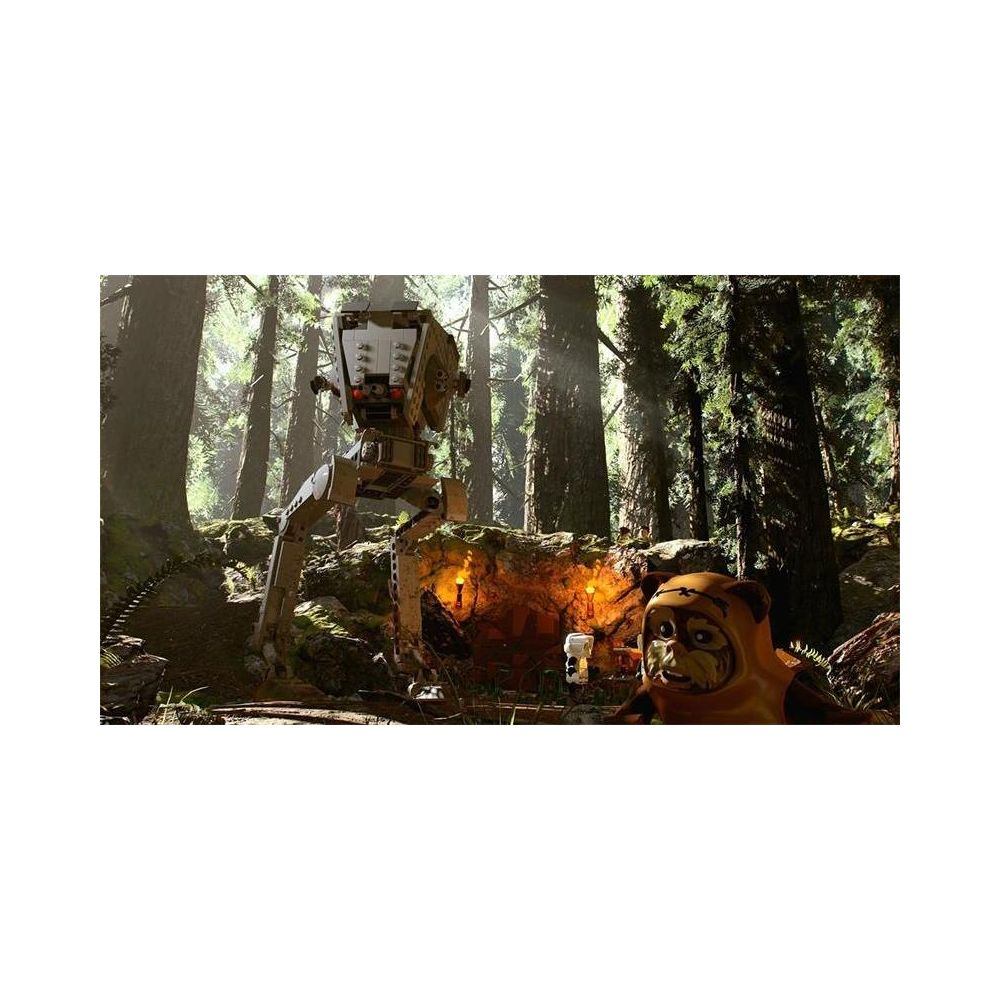 Ein AT-ST Walker steht in einem Wald neben einem Ewok und Fackeln.