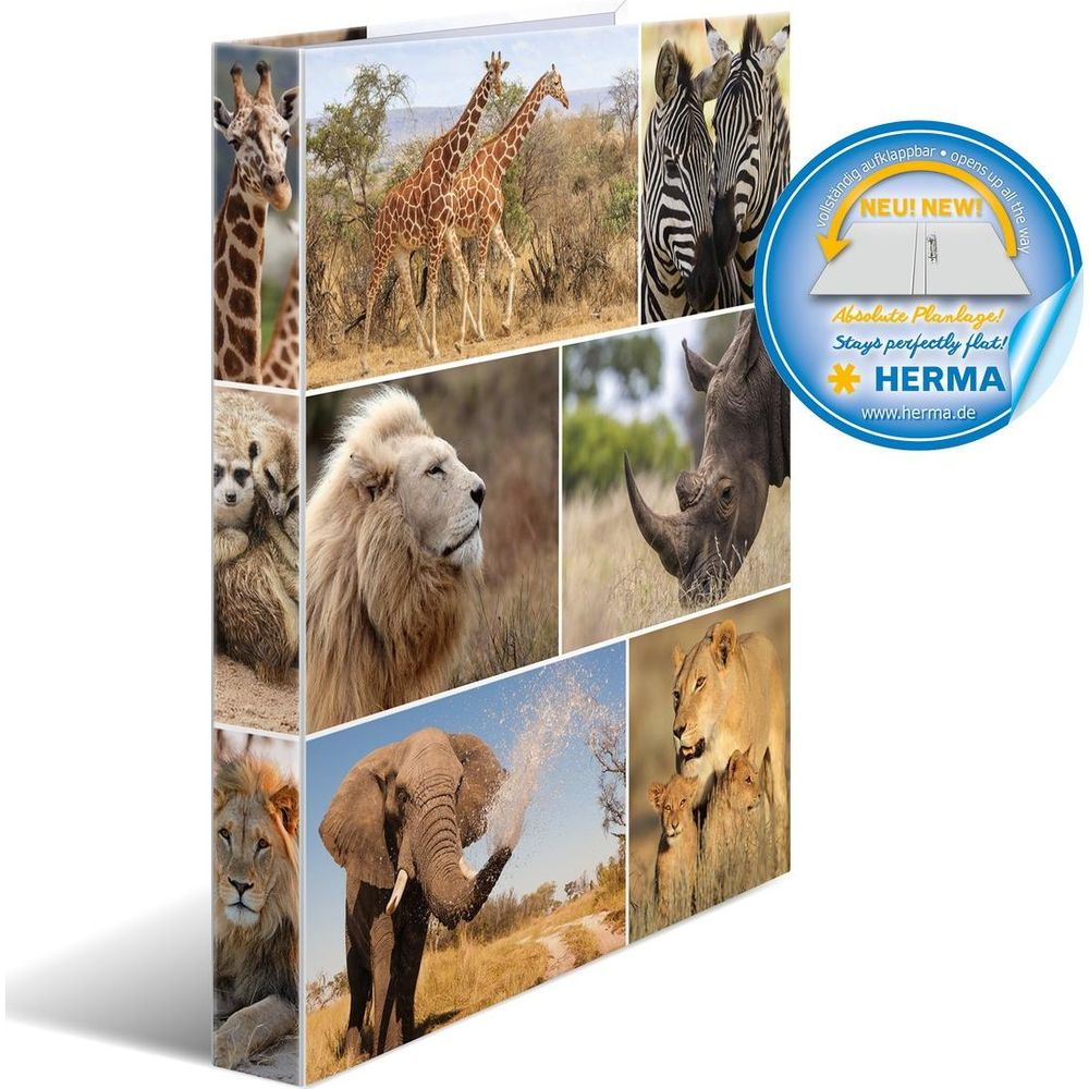 Kolaż dzikich zwierząt: żyrafy, zebry, lwy, nosorożec, słoń, surykatki.