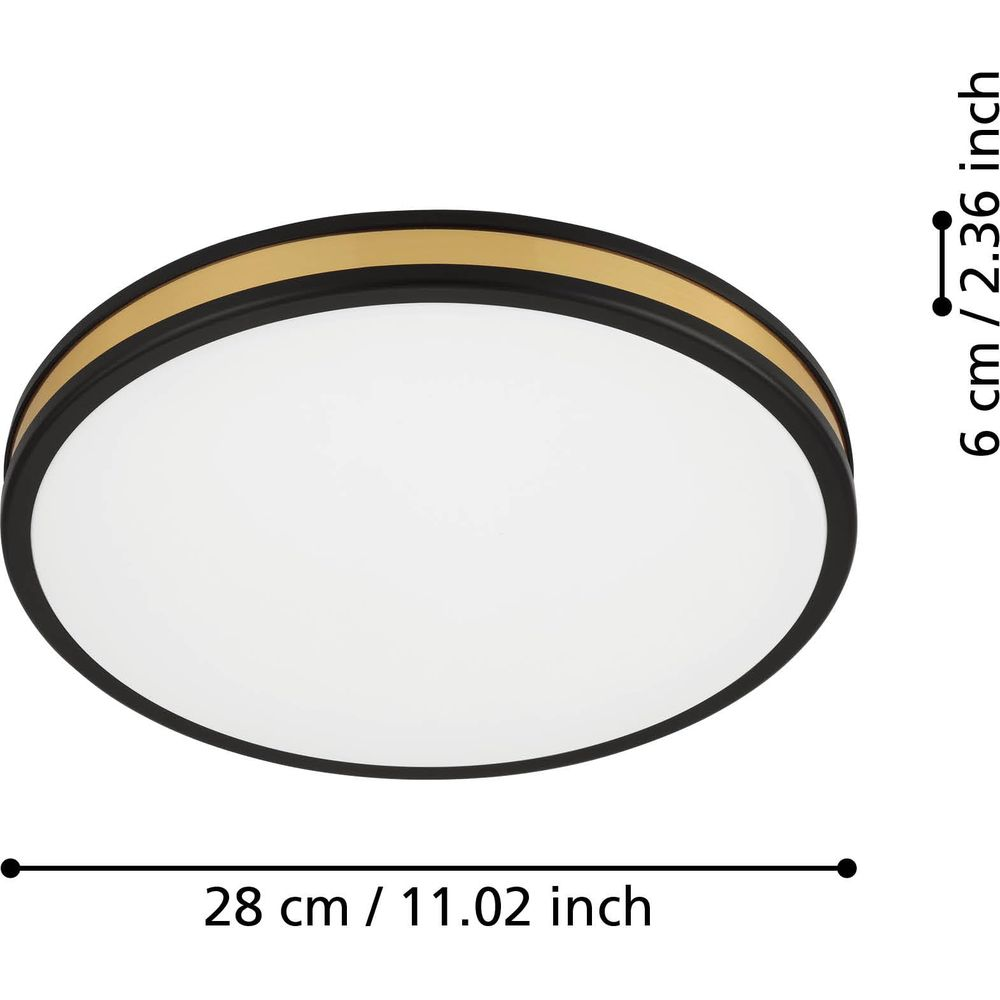 Una lampada da soffitto rotonda con bordo nero e oro. Dimensioni: 28cm x 6cm.