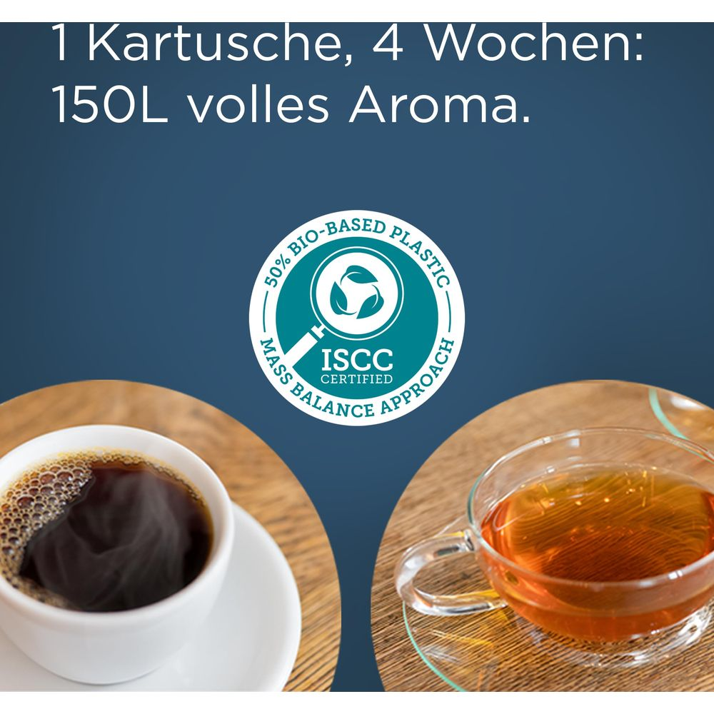 Una tazza di caffè e una tazza di tè, con certificazione ISCC.