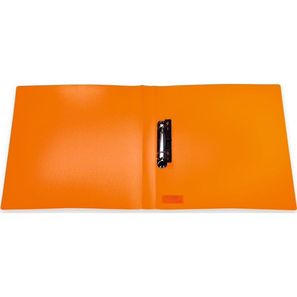 Otwarty pomarańczowy segregator z metalowym mechanizmem na kółka pośrodku.