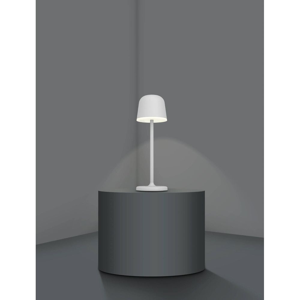 Eine weiße Lampe steht auf einem grauen Sockel vor einer grauen Wand.