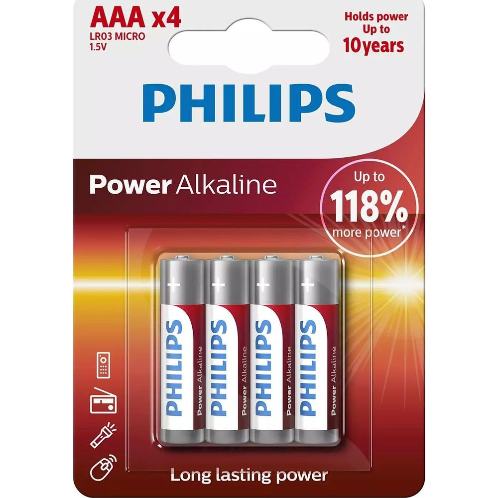 Opakowanie czterech baterii Philips AAA Power Alkaline, utrzymuje moc do 10 lat.