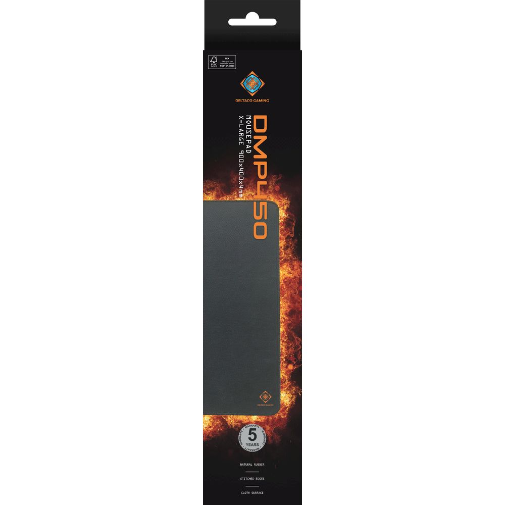 Packaging for a black, extra-large DELTACO GAMING DMP450 mousepad with 5-year warranty.