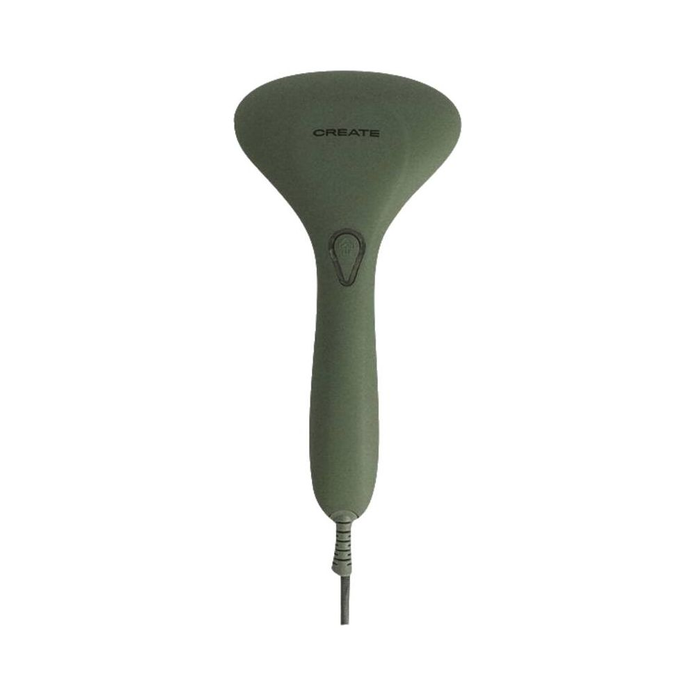 Un vaporizador de ropa verde de mano con mango y cabezal plano.