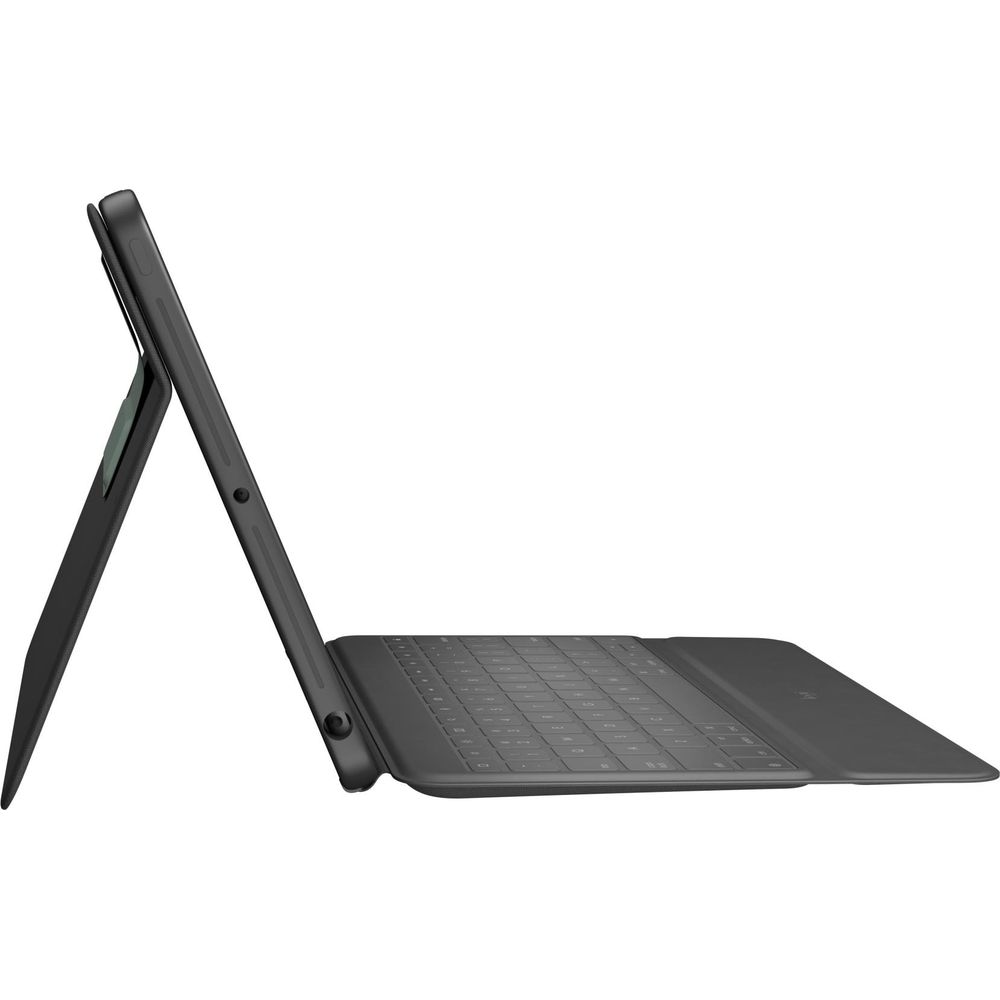 Ein graues Tablet mit angeklappter Tastatur und Ständeransicht.