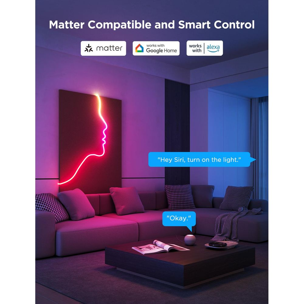 Soggiorno smart con arte a neon. Comandi vocali controllano luci.