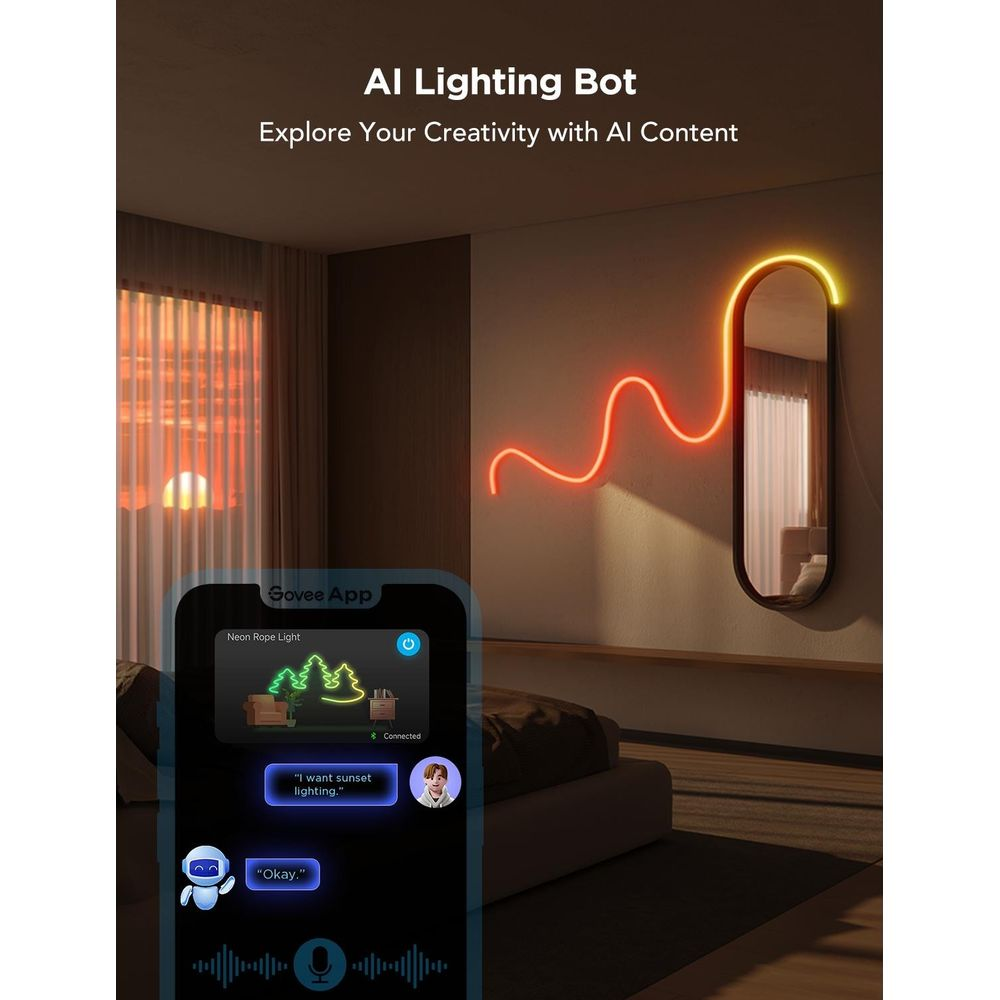 Uno smartphone mostra un'app con luce al neon. Luce rossa e gialla adornano il muro.