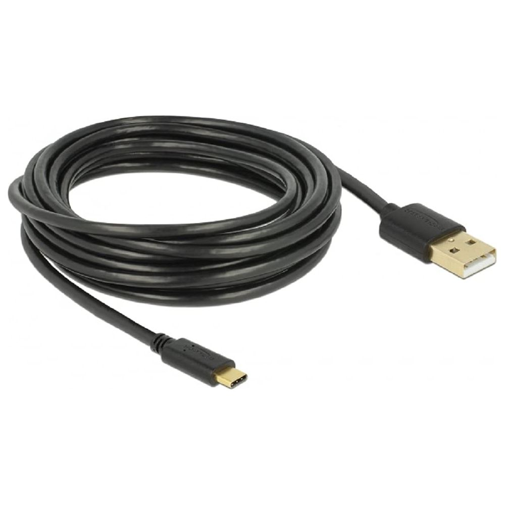 Black USB-C to USB-A cable, coiled, with gold connectors.
