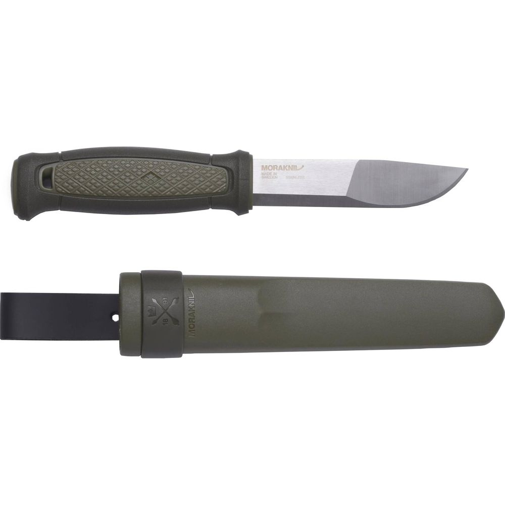 Ein Messer mit grünem Griff und Scheide.