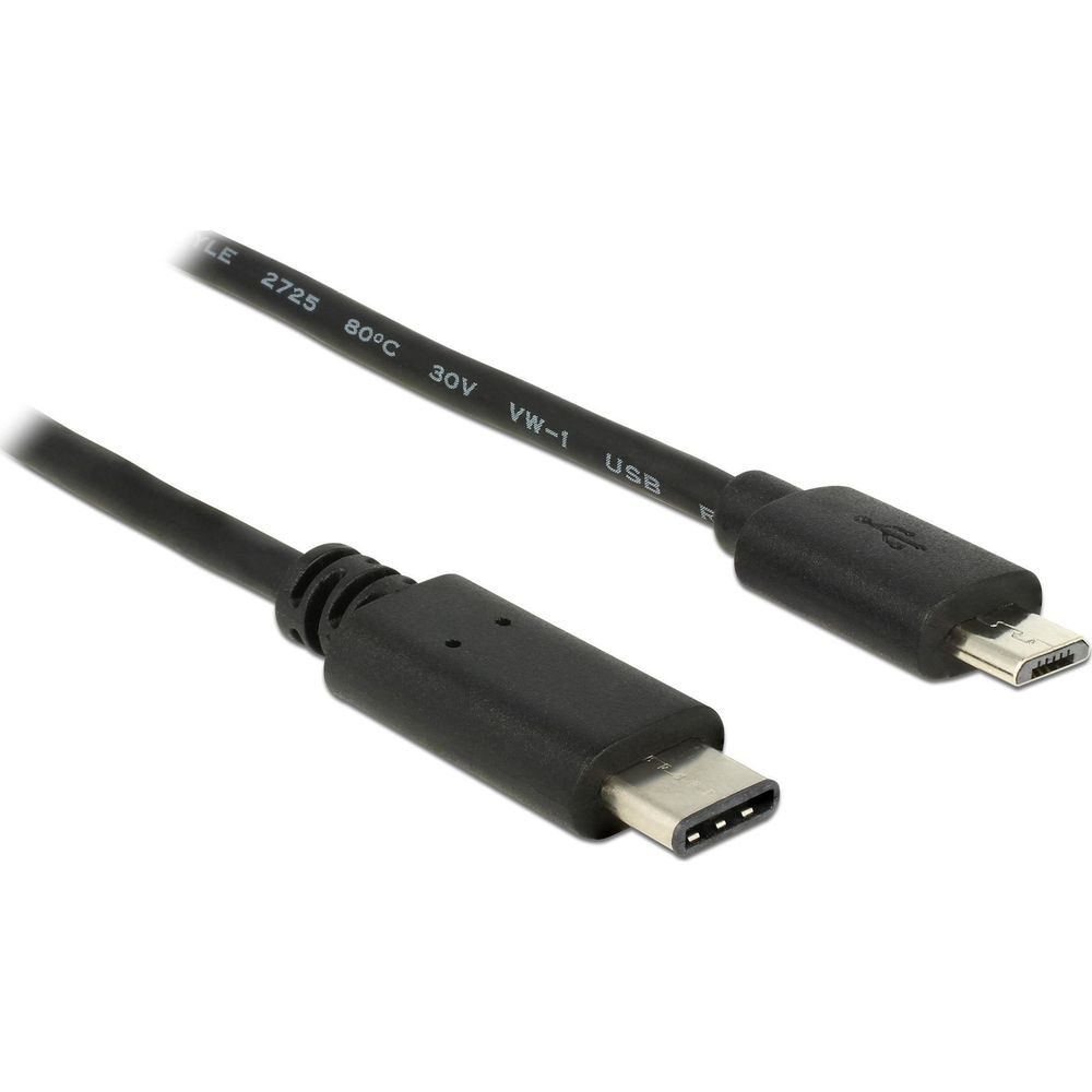Zwarte USB-C naar Micro-USB kabel met connectoren in beeld.