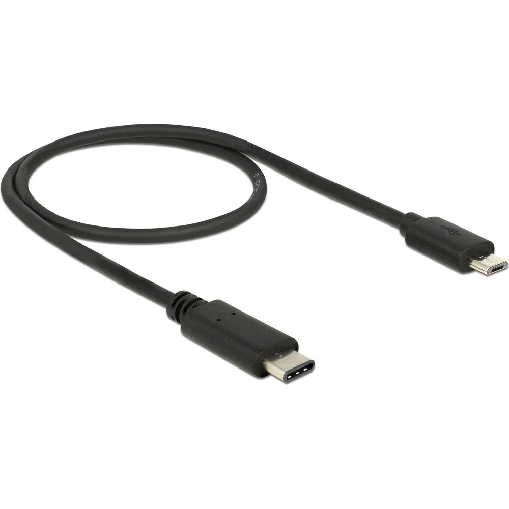 Een zwarte USB-C naar Micro USB kabel op een witte achtergrond.