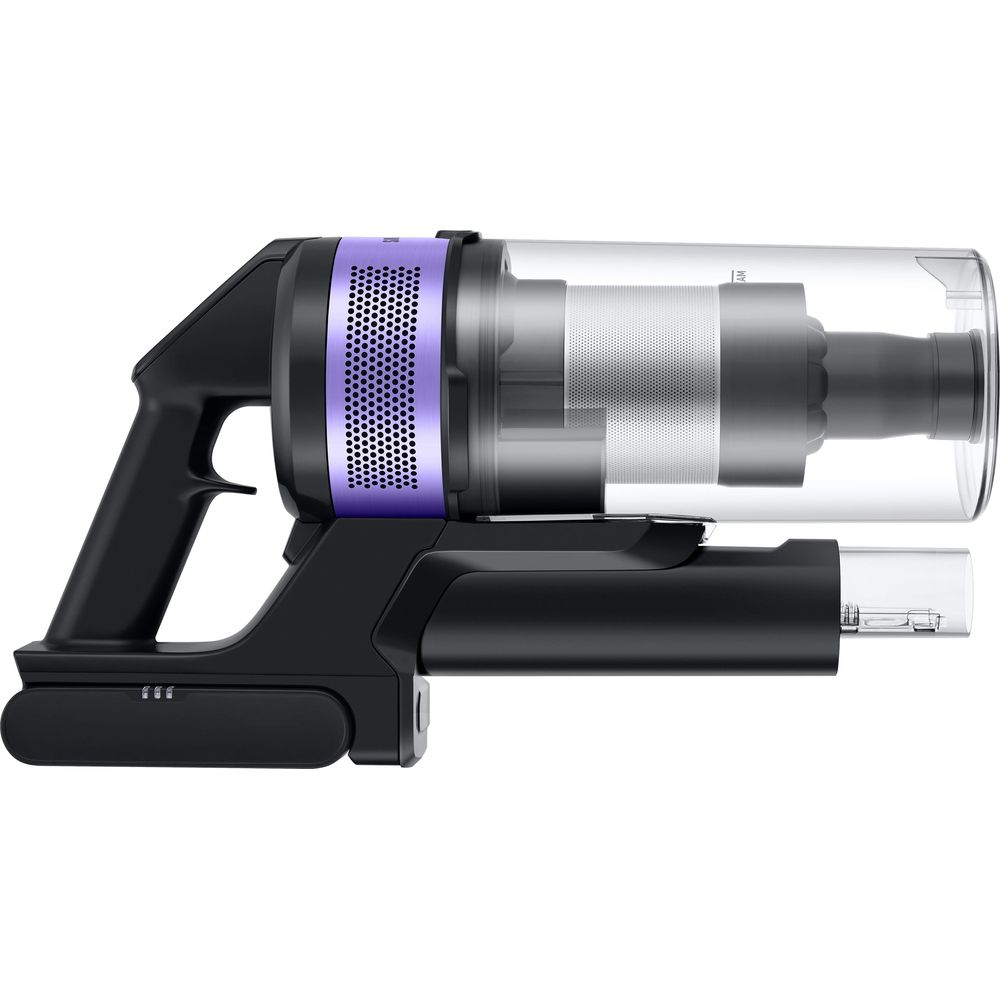 Czarny odkurzacz ręczny z fioletowymi akcentami i przezroczystym pojemnikiem na kurz.