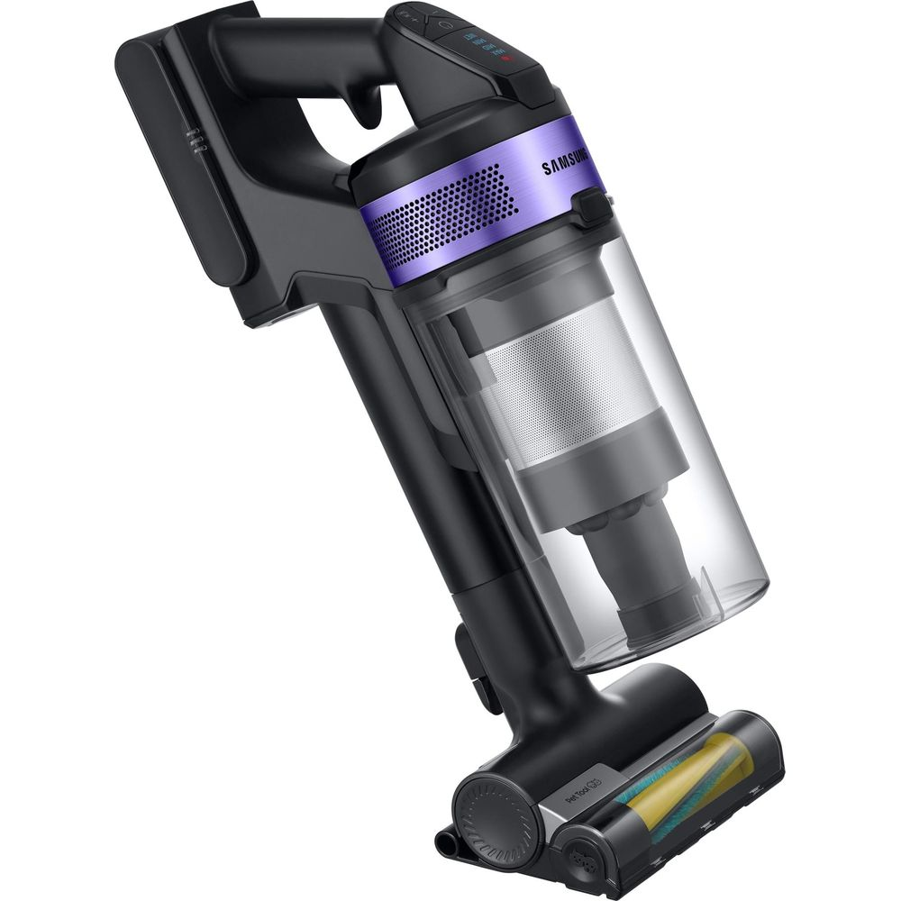 Czarny odkurzacz bezprzewodowy Samsung z fioletowymi akcentami i przezroczystym pojemnikiem.