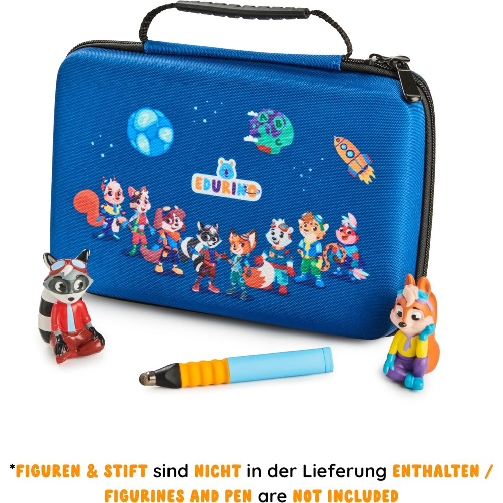 Blauer Koffer mit Tierfiguren, Rakete und Mond. Stift und Figuren nicht enthalten.