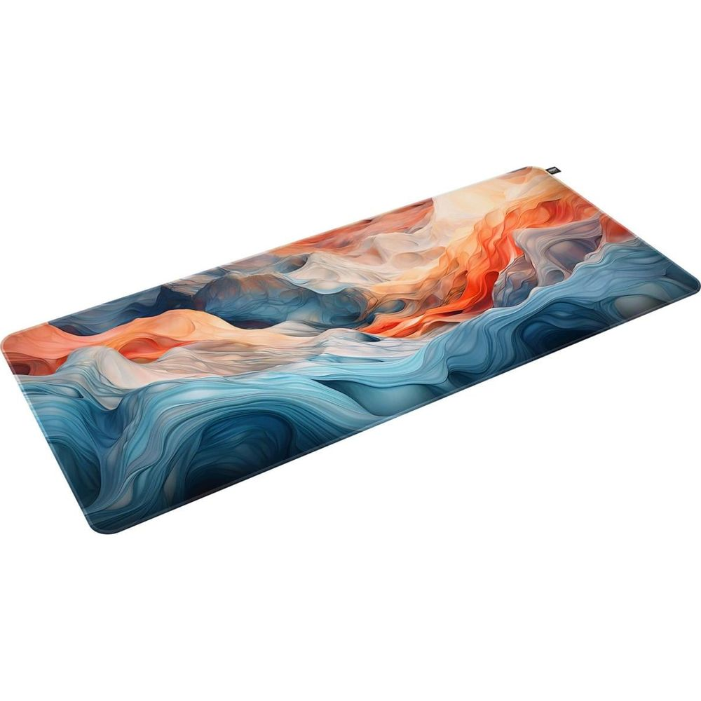Motifs abstraits bleus et oranges sur un tapis rectangulaire.