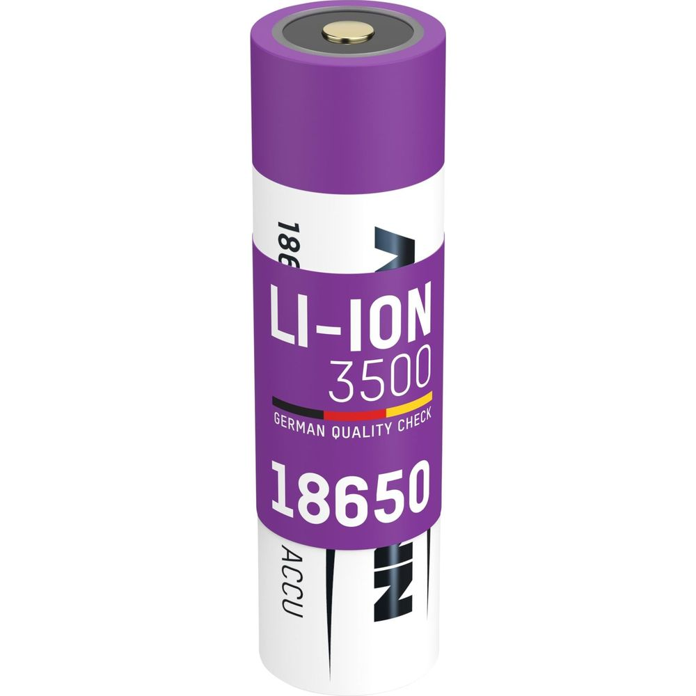Een paarse 18650 Li-Ion batterij met 3500mAh capaciteit en "German Quality Check" label.
