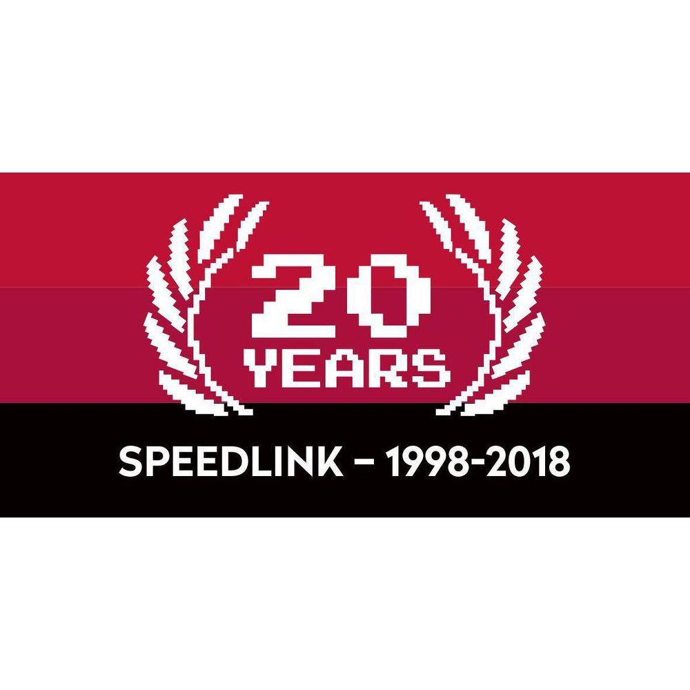 Logo Speedlink 20 lat 1998-2018 z wieńcem laurowym na czerwonym tle.