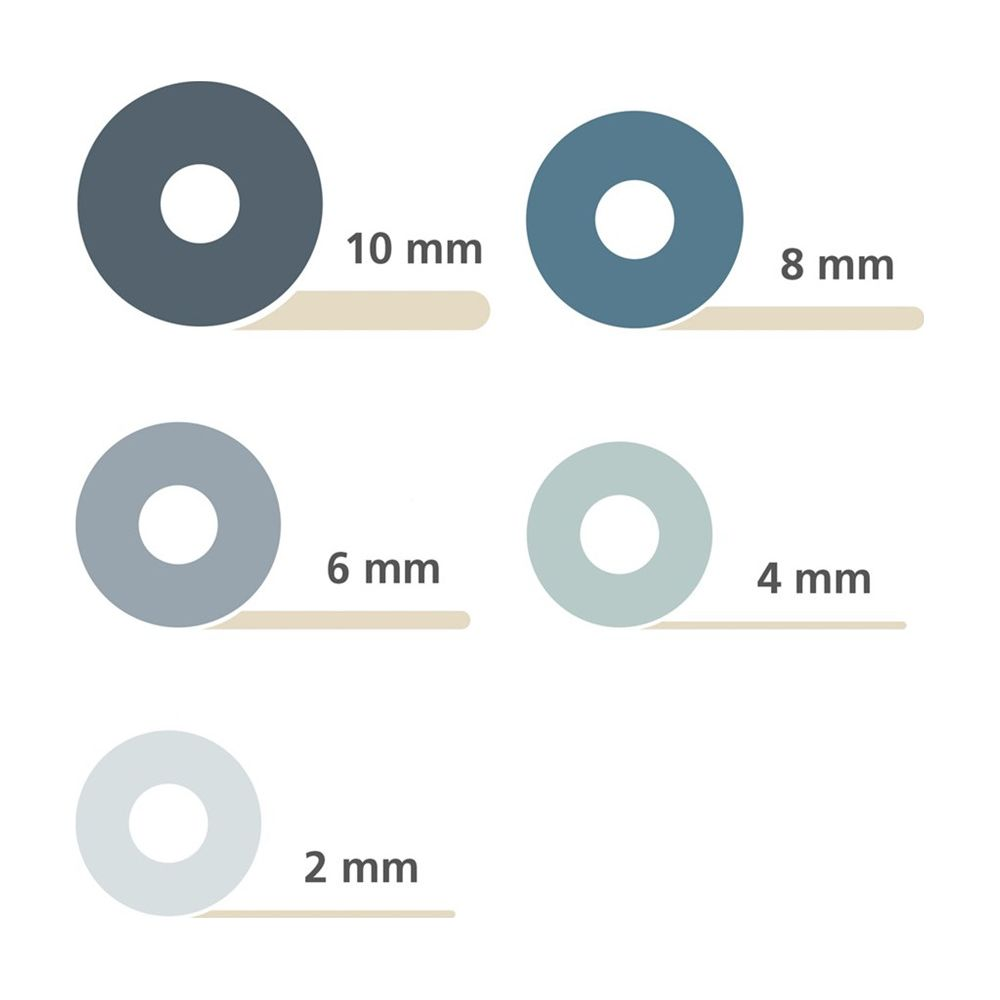 Cinco círculos con centros blancos y etiquetas de tamaño: 10mm, 8mm, 6mm, 4mm, 2mm.