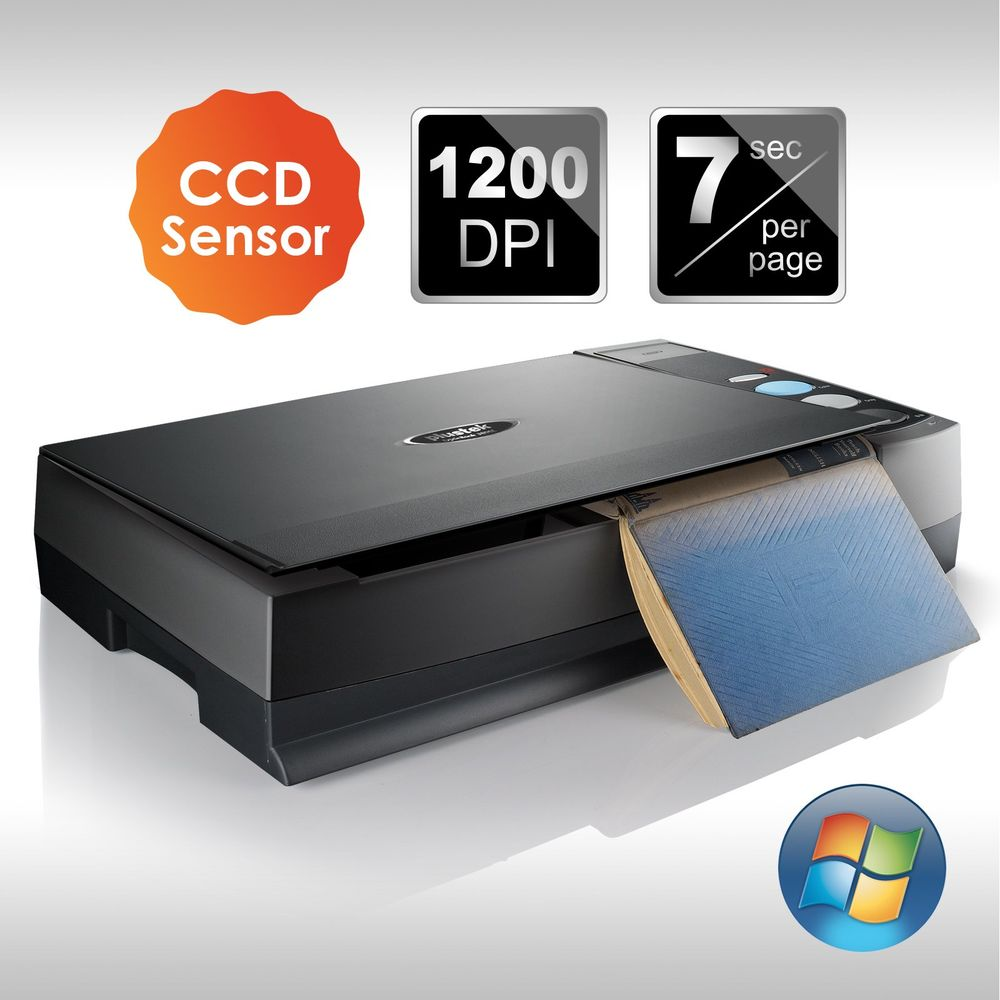 Czarny skaner z wsuwaną niebieską książką. Specyfikacje techniczne na górze.