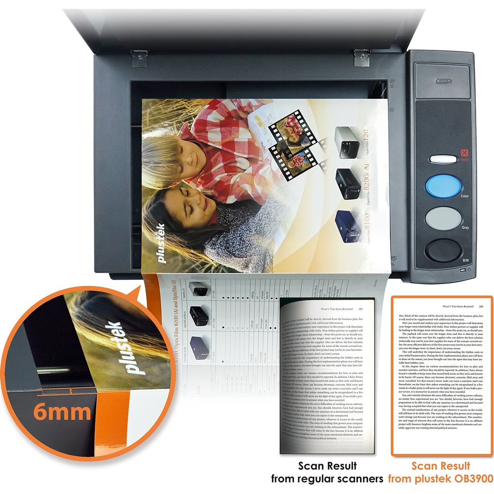 Skaner z otwartą pokrywą, skanujący książkę ze zdjęciem dzieci i przyciskami sterującymi.