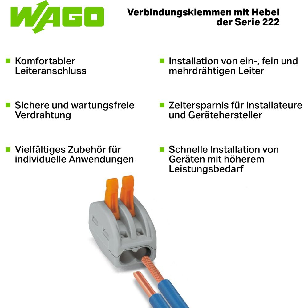 Morsetto WAGO serie 222 con leva per connessione conduttore.