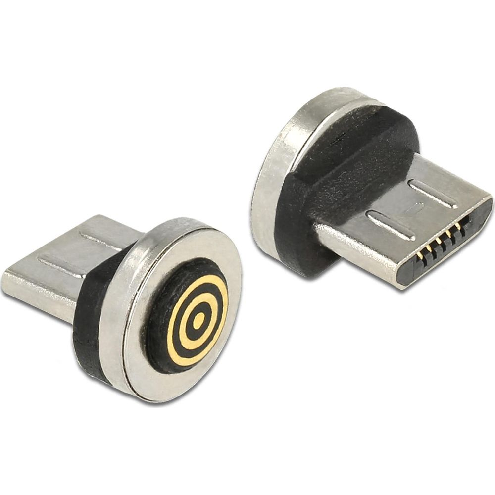 Due adattatori magnetici micro USB con custodia in metallo e anello nero.