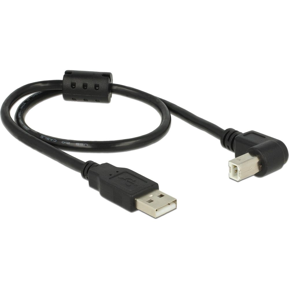Un câble USB 2.0 noir avec connecteur USB-A standard et connecteur USB-B coudé à 90 degrés.