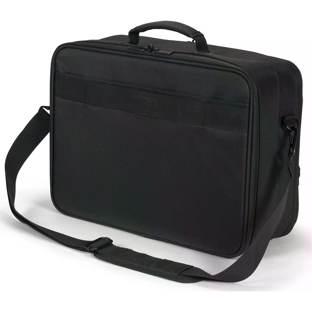 Borsa nera per laptop con manico, tracolla e chiusura zip.