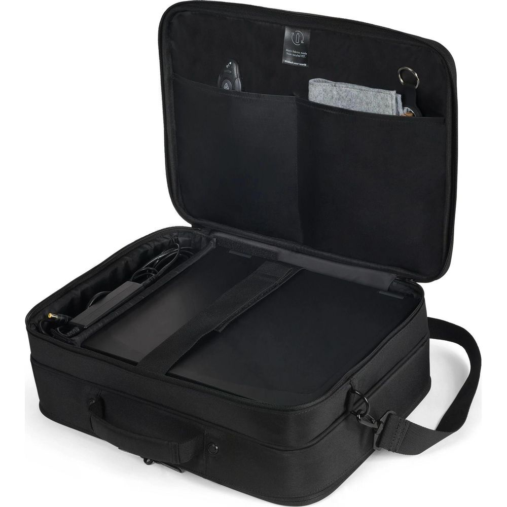 Borsa nera per laptop con scomparto aperto, laptop, cavi e accessori.