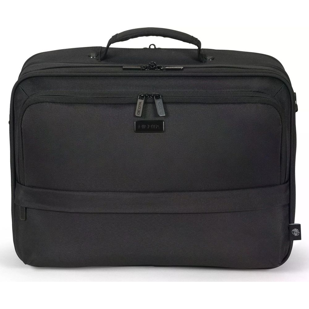 Borsa nera per laptop con manici e cerniere.