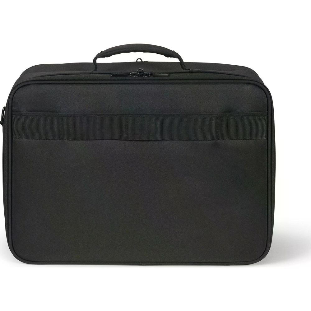 Borsa nera per laptop con manico e cerniera, su sfondo bianco.