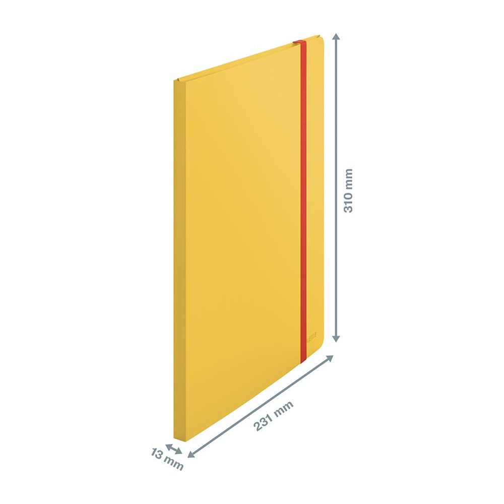 Żółty notatnik z czerwonym gumką, 310 x 231 x 13 mm.
