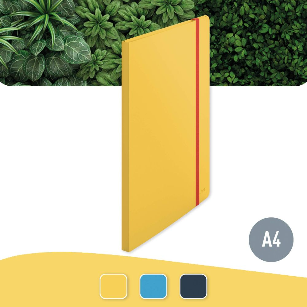 Żółty notatnik z czerwoną gumką, na tle zielonych liści. Opcje kolorów poniżej.