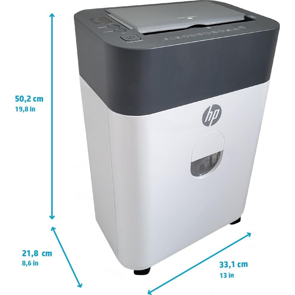 Distruggidocumenti HP bianco e grigio con dimensioni.