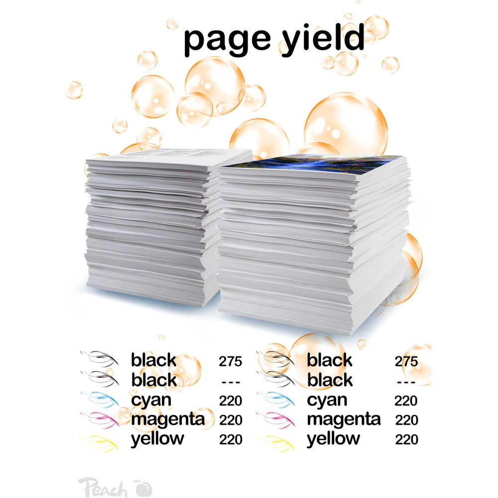 Deux piles de papier, une avec image colorée, sous des bulles. Infos rendement pages.